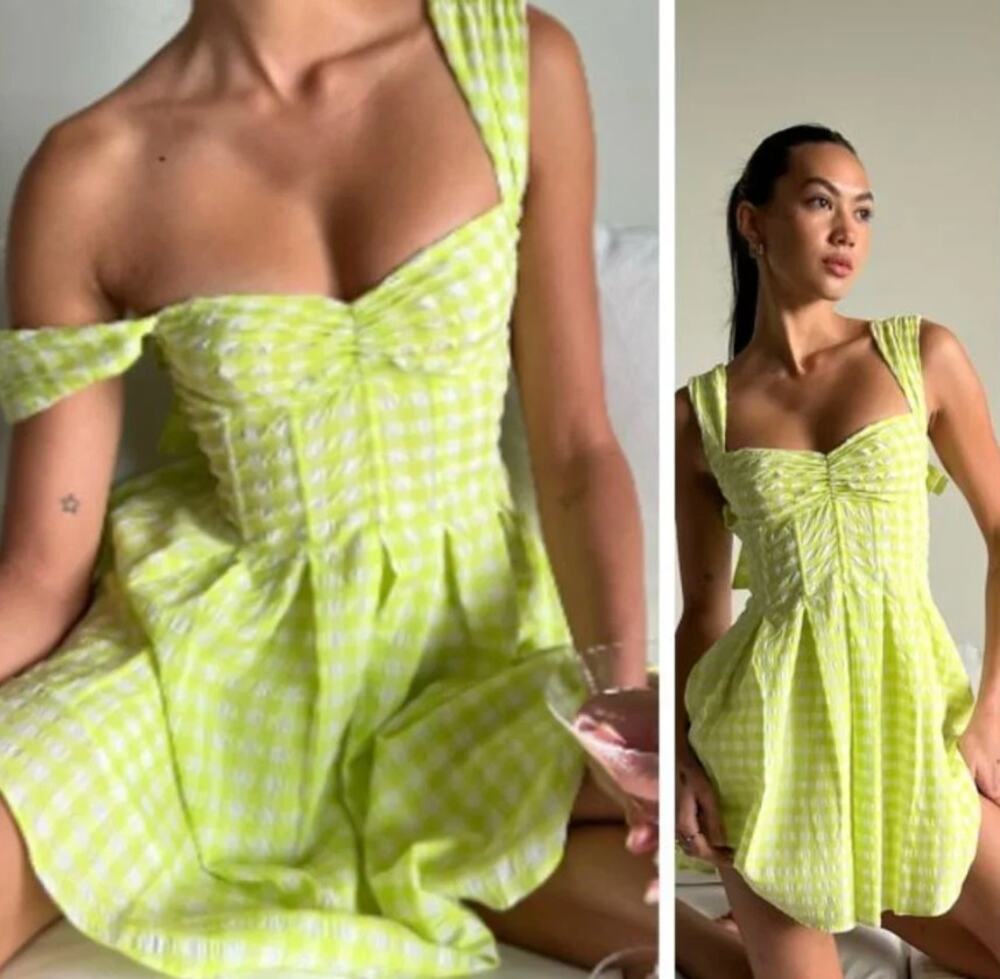 For Love & Lemons August Gingham Mini Dress Sweetheart Bow Back Cutout Green S
